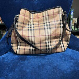 Burberry Black Leather and Beige Haymarket Check Coated Canvas Canterbury